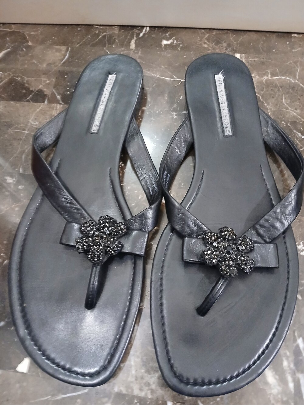 Vera Wang Lavender Label Black Beaded Floral Thong Sandals